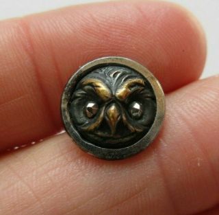 Delightful Antique Vtg Steel Cup Metal Picture Button Owl Cut Steel Eyes (m)