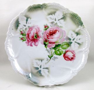 Antique Leuchtenburg Germany Porcelain Dessert Plate Pink Roses Embossed Scallop