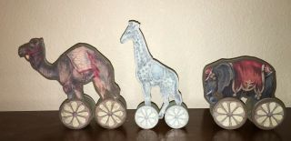 Set Of 3 Vintage Antique 1900s Large Wood Carved Circus Animals Wooden Toys 11.  5