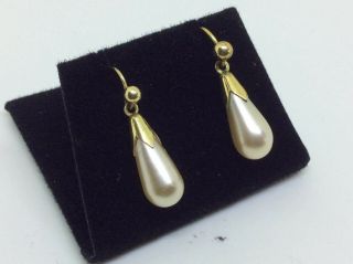 Antique Vintage 375/9k/9ct Gold Faux Pearl Drop Hook Earrings