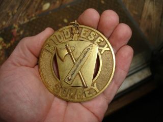 old antique gold sports Cricket bat award medal MIDDLESEX SURREY AX hatchet logo 3