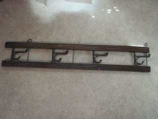 Vintage Coat Rack Double Hooks Cast Iron In Wooden Frame Wall Mount 4 " X 22.  5 "