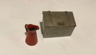 Antique Vintage Dolls House Heavy Metal Corn Bin And Painted Pitcher Water Jug