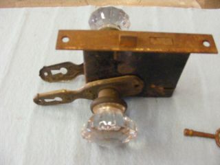 Vintage Antique Door Lock Set With Key Glass Knobs