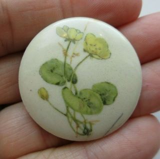 Large Antique Vtg Porcelain Picture Button Pretty Yellow Flowers (q)