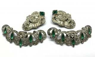 1920s 1930s Antique Art Deco Clear Emerald Rhinestone Dress & Shoe Clips Set