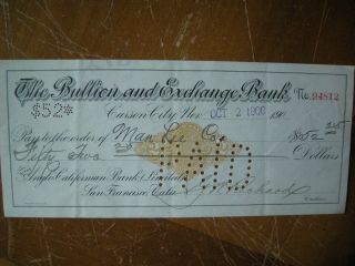 Antique Bank Draft 94812 The Bullion And Exchange Bank Carson City Nevada 1900
