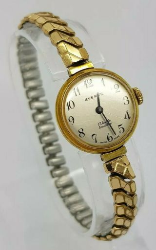 Everite Ladies Gold Tone Vintage Hand Wind Watch Expandable Strap Swiss Made