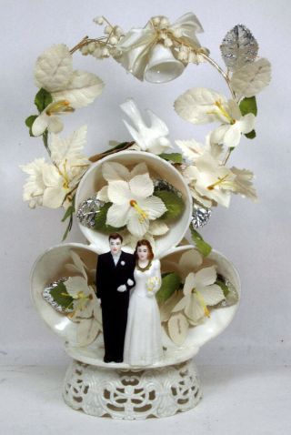 Vintage Bride And Groom Wedding Cake Topper Bells Dove Flowers