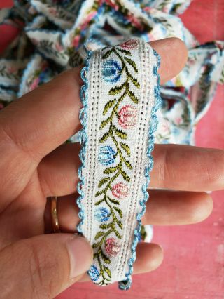 Vintage Embroidered Jacquard Blue Pink Floral Ribbon 1 