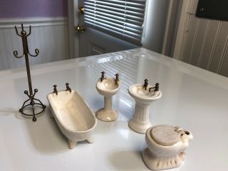 Vintage Japan Porcelain Bathroom Doll House Tub Sink Toilet Miniature Brass Rack