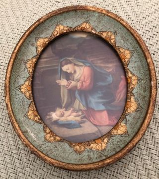 Vintage Virgin Mary And Baby Jesus In Small Oval Painted Wooden Frame Italy?