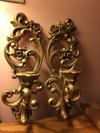 Vintage Antique Gold Wall Sconces Candle Holders Pair Usa 1975 Syroco Homco 4118