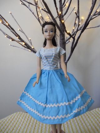 Vintage Barbie Doll Handmade Blue & White Striped Dress Fashion Clothes