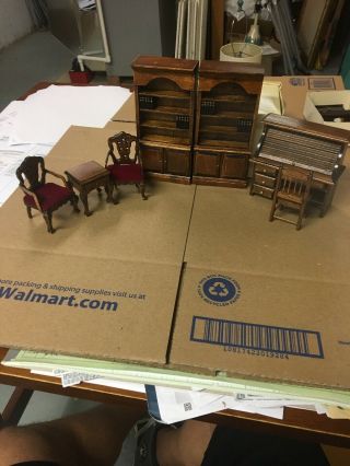 Vintage Miniature Dollhouse Bookcases Secretary Desk Chairs Table Books Etc.