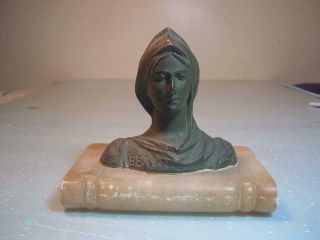 Antique Bronzed Signed Bust Of - -  Beatrice - - Paper Weight On Marble Base
