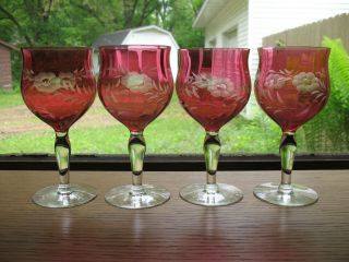 Vintage Cranberry Glass Etched Paneled Wine Water Goblet Set Of 4 Stemware
