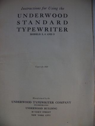Antique 1920 Instructions Underwood Standard Typewriter Models 3,  4,  5 2