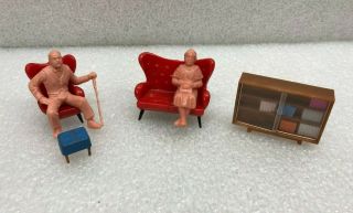Vintage Blue Box Dollhouse Chair Sofa Bookshelf Books Stool Man & Women Figure
