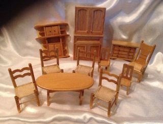 12pc Vintage Miniature Dollhouse Furniture,  Table 4 Chairs,  Cabinets,  Etc.