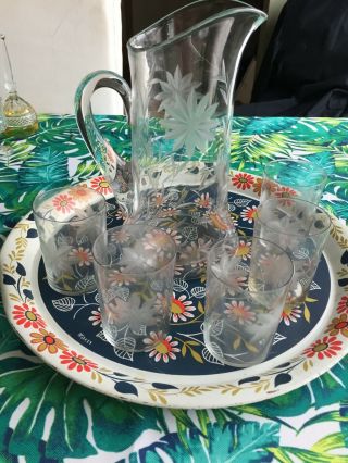 56 Oz Antique Lemonade Glass Pitcher Flower Etched Set W/ 5 Water Glasses 8oz