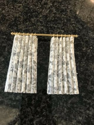 Vintage Dollhouse/ Miniature Lace Curtains With Brass Look Rod