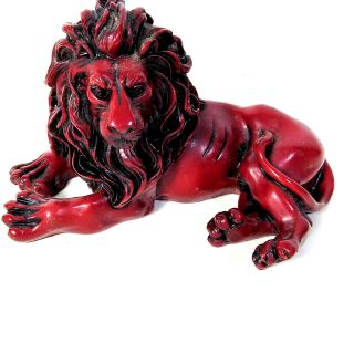 Vintage Lion Statue Faux Cinnabar Heavy Hand Carved Chinese Red Resin