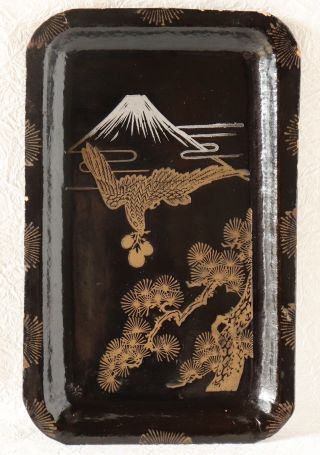Japanese Old Tray Plate Lacquer Paper Mache Black Mount Fuji Hawk Eggplant Pine