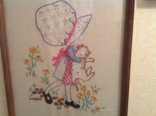 Pair Vintage Framed Embroidery Holly Hobbie Little Girl Holding Cat / Flowers