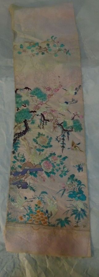 Antique Japanese Embroidered Silk Panel Tapestry Flowers & Birds 28 " X 7 1/2