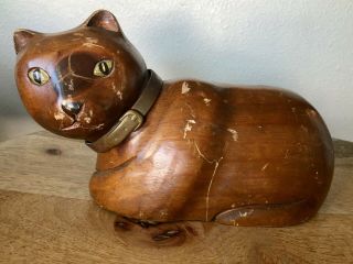 Antique Vintage Folk Art Hand Carved Wooden Cat Figurine With Metal Collar
