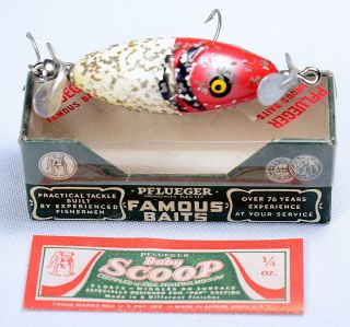 Vintage Pflueger Baby Scoop Fishing Lure 9337 White - Red Silver Sparks W/ Origina