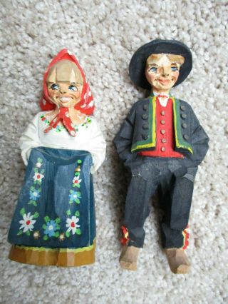 Set Of 2 Norwegian Carvings - Wood Carved Lady With Bunad And Man Numbered