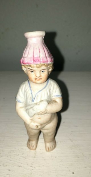 Antique Miniature German Porcelain Bisque Boy Doll Peeing Frozen Figure