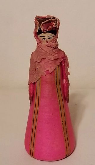 Vintage Small Antique Paper Mache Wood Head Doll " Typkmehka " Pink Rusdian