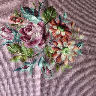 Antique Vtg Rose Needlepoint Chair Seat Tapestry Dusty Rose Victorian Bucilla