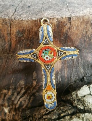 Antique Micro Mosaic Italian Cross Fob Pendant