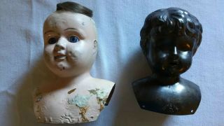 Antique Metal Doll Heads 6 1/4 " Minerva Germany 6,  Painted,