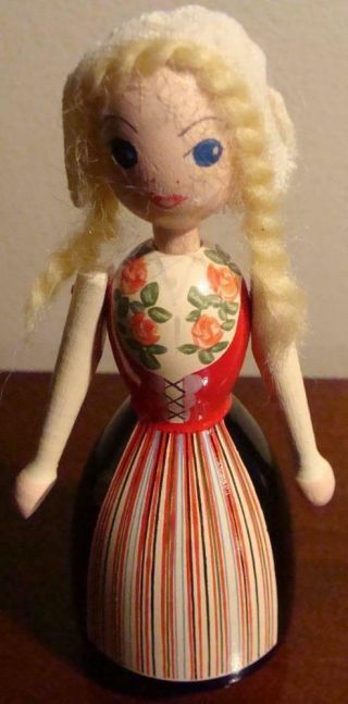 Vintage Wooden Norwegian Doll Figurine Hand Painted Pretty Dutch Girl Signed