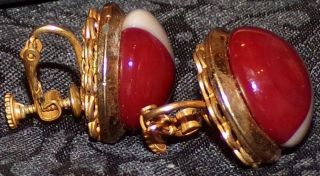 Signed Miriam Haskell Garnet Red & Cream Art Glass Vtg.  Gold Antique Earrings
