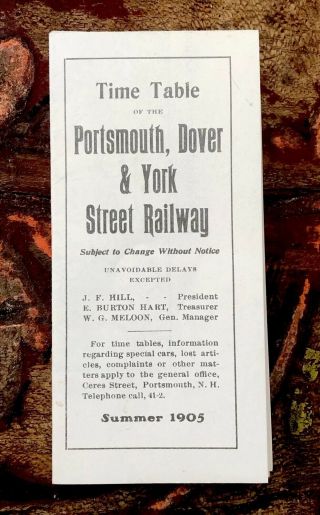 Antique 1905 Timetable Portsmouth Dover & York Street Railway Nh & Maine Map