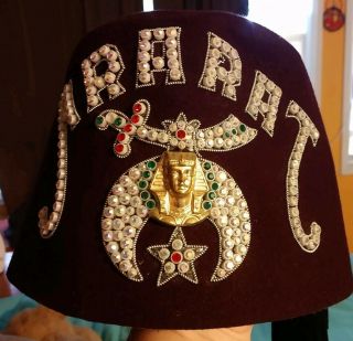 Vintage Kansas City Shriners Ararat Fez Jeweled Hat Sz 7.  Rhinestone Hat Pin