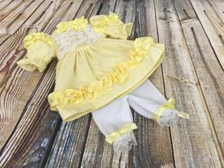 Vtg Doll Dress (7”) Yellow Polka Dot Lace Ruffles Pantaloons Bows Clothes Outfit