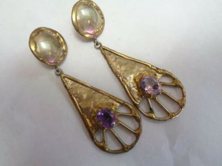 Vintage Antique Large Hammered Gold Tone Amethyst Beaded Dangle Earrings