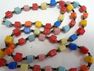 Antique 32 Inch Long Multi Color Square Glass Beaded Necklace Need Clasp Repair