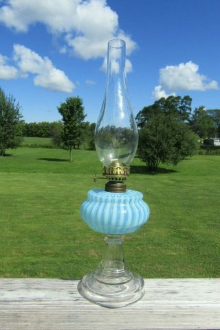 Antique American Rib Optic Blue Opalescent Kerosene Oil Stand Lamp