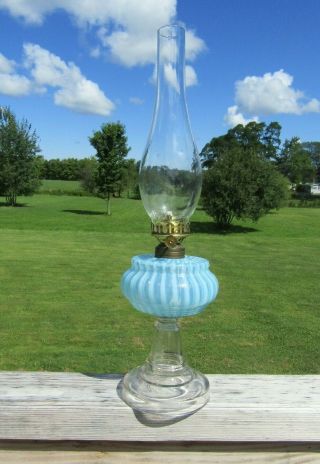 Antique American Rib Optic Blue Opalescent Kerosene Oil Stand Lamp 2
