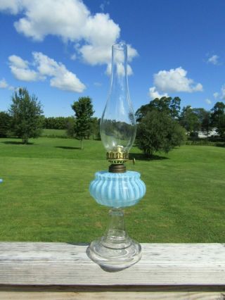 Antique American Rib Optic Blue Opalescent Kerosene Oil Stand Lamp 3