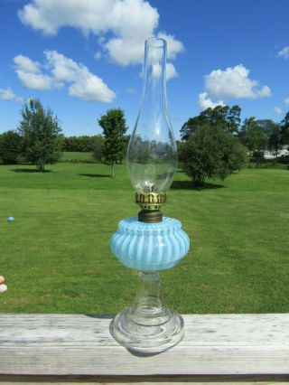 Antique American Rib Optic Blue Opalescent Kerosene Oil Stand Lamp 4
