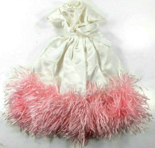 Barbie Vintage Dress Gown White Satin With Pink Marabou Type Feathers Crystals